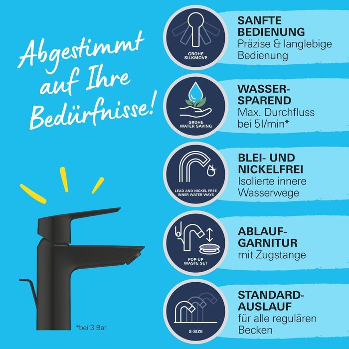 Змішувач для ванної кімнати GROHE Start, економічний, холодна вода в середній позиції, з поп-ап переливом, хром, 17 см