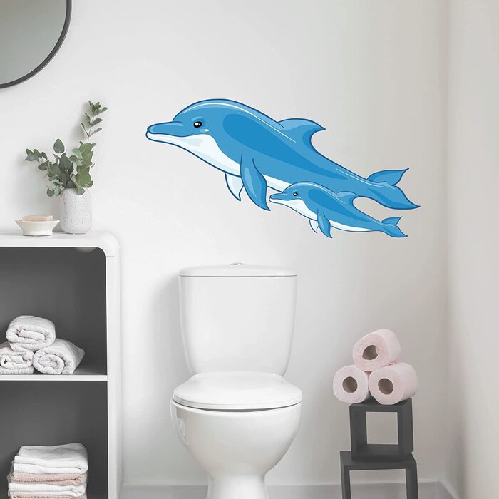 Наклейка на стіну з витонченим дизайном у вигляді дельфіна у ванній / 2 синіх дельфіна / наклейка на стіну Дитяча кімната / наклейка на стіну ванна кімната, двері, наклейка на плитку клейка плівка для вологої плитки, (79x40 см)