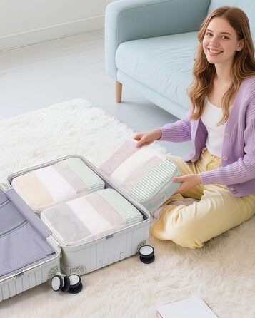 Набір органайзерів для валізи та рюкзака Narwey, 6 шт, компресійні органайзери для одягу та речей у подорож, світло-зелені смужки