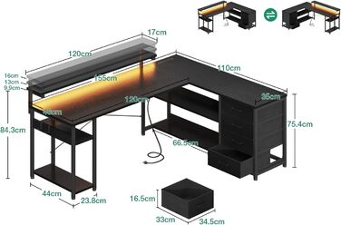 Кутовий письмовий стіл ODK з висувними ящиками, 2 розетки, 2 USB, LED, L-подібна форма, 155110см, чорний, для домашнього офісу