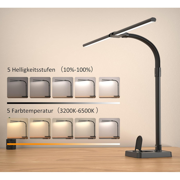 LED настільна лампа LOTTBUTY з гнушим шийкою, 24W, 80см, для офісу та дому, з підставкою для телефону (чорний)