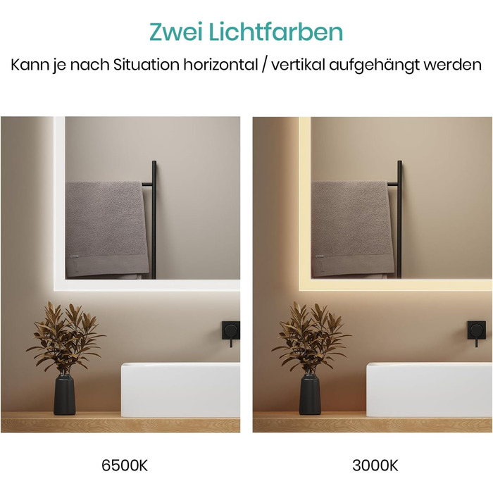 Дзеркало для ванної кімнати EMKE з підсвічуванням 120x60 см, тепле біле світло 3000K, вбудований вимикач, антизапар, 2 кольори світла