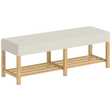 Взуттєва шафа 140 см з масиву дерева, сучасна шафа для передпокою з м'яким сидінням на двох осіб, натуральне дерево та кремово-білий колір