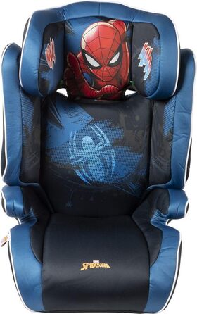 Автокрісло Marvel Spiderman з кріпленням ISOFIX для безпеки дитини зростом від 100 до 150 см з зображенням супергероя Людини-павука на синьому тлі