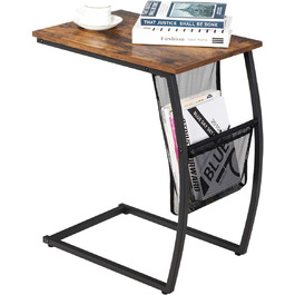Журнальний столик LIFEZEAL С-подібний, журнальний столик з газетним мішком, журнальний столик з металевим каркасом, приліжкова тумбочка в індустріальному стилі, для вітальні, спальні та балкона, сільський коричневий і чорний