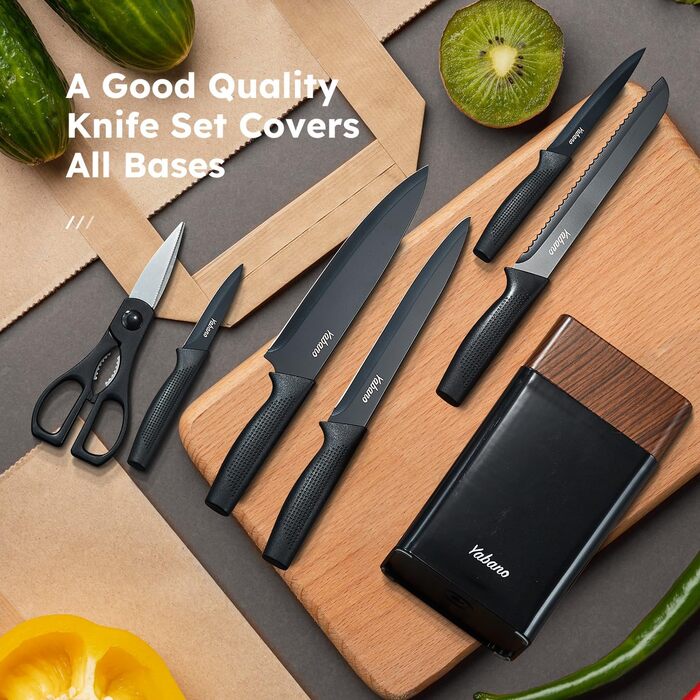 Набір кухонних ножів Yabano 7 предметів з підставкою та точилкою, кухонний набір ножів з чорним пластиковим блоком