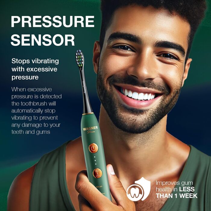 Електрична зубна щітка Wagner Stern WHITEN+ Edition з датчиком тиску. 5 режимів чищення, 3 рівні інтенсивності, 8 насадок, преміум-чохол. Зелена