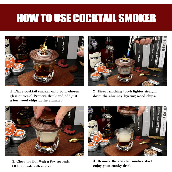 Набір для копчення коктейлів: 4 дерев'яні стружки, аксесуар для віскі, коктейлів, кави, бурбона, м'яса. Подарунок для чоловіків