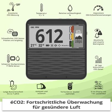 zAlps eCO2 – Монітор якості повітря для дому – Точний та довговічний CO2-детектор – Сенсор CO2, температура та вологість – автономний та портативний – для дому, офісу, школи