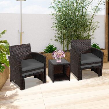 GIANTEX Набір садово-розслаблюючих меблів з ротангу для балкону/саду (2 крісла з пуфами), сірі подушки