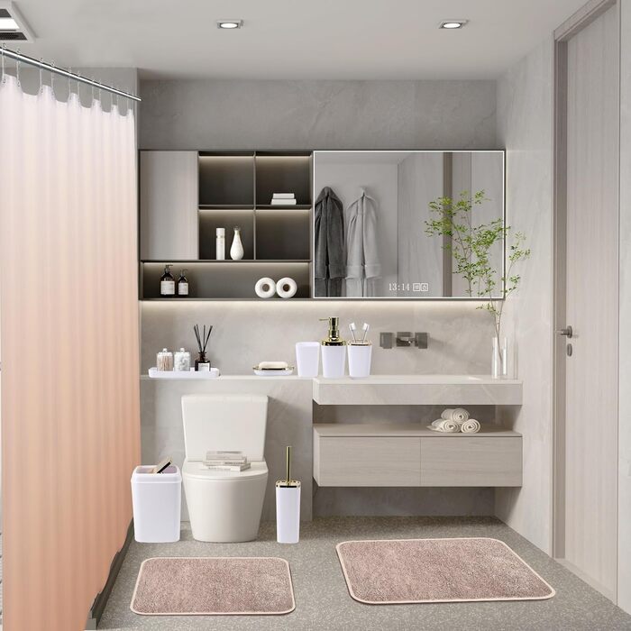 Комплекти аксесуарів для ванної кімнати, 9 предметів: сміттєвий бак, лоток для косметики, дозатор мила, мильниця, стакан для зубної щітки, щітка для унітазу, тримач для ватних паличок (білий та золотий), комплект для ванної + штора для душу + килимок для 