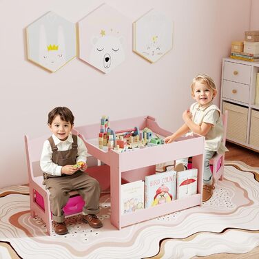 Дитячий стіл LIFEZEAL 3 в 1 з 2 стільцями: стіл для малювання, активностей та обіду. Дерев'яна дитяча група з місцем для зберігання (Рожевий)