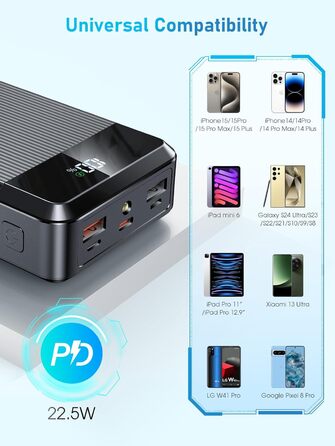 МАг Power Bank PD 22,5 Вт, 2 кабелі та 5 портів, світлодіодний індикатор, ліхтарик, чорний, 40 000