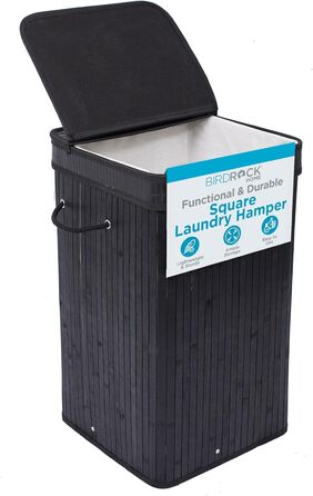 Корзина для білизни BirdRock квадратна з кришкою та підкладкою з тканини, бамбук, чорна, з мотузковими ручками