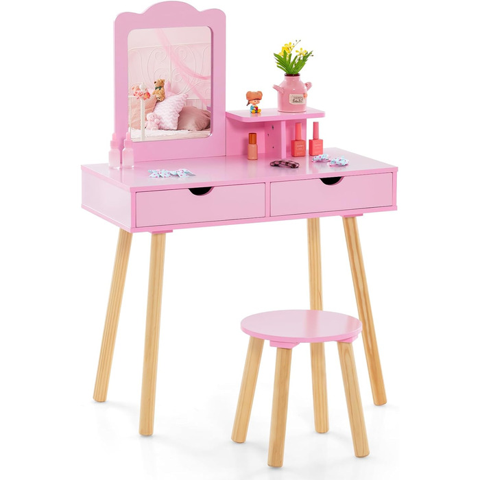 Детский туалетний столик COSTWAY 2-в-1 зі стільчиком та дзеркалом, з шухлядами, для дівчаток 3-7 років (Рожевий, без підсвічування)