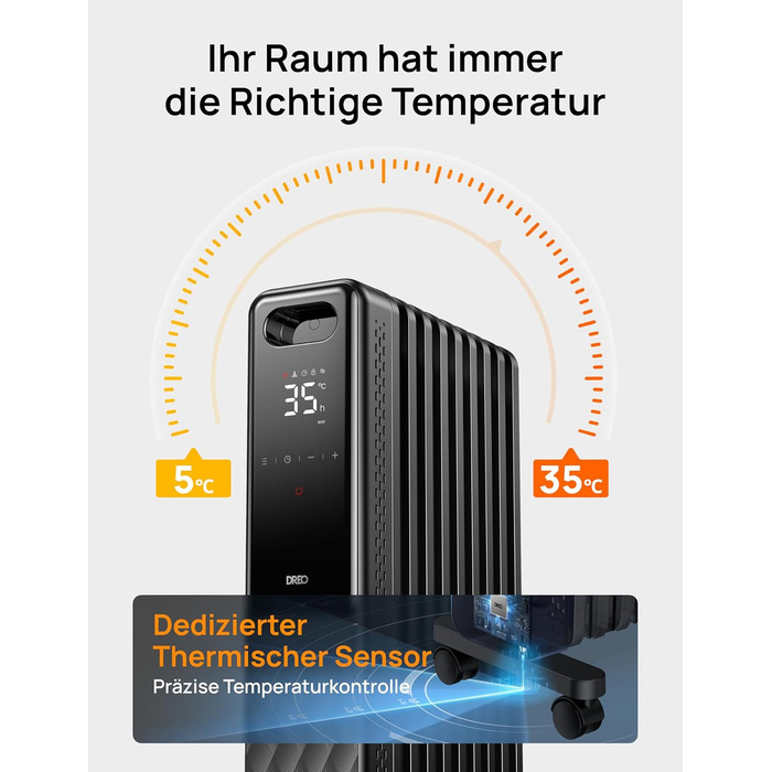 Масляний радіатор Dreo 2000 Вт, 9 ребер, пульт дистанційного керування, 3 налаштування нагріву, таймер, захист від перегріву, термостат