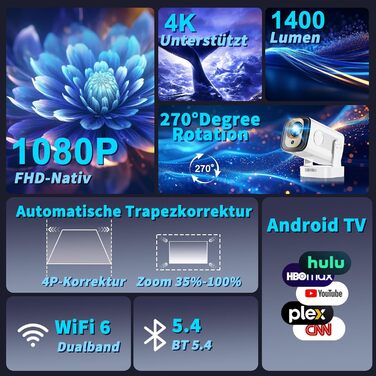 Портативний проєктор Mini Beamer 4K Full HD 1080P з Wi-Fi 6 та Bluetooth 5.2 (270° оберт, автоматична корекція трапеції, HDMI, USB, для ноутбука, білий) NT10-White