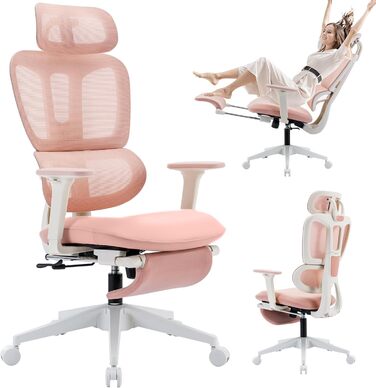 Ергономічне крісло для офісу з підніжкою, висока спинка, 2D-підголівник, відкидні підлокітники, сидіння з губки, сітчастий крісло для офісу, крісло для начальника, комп'ютерне крісло для дорослих (рожеве)
