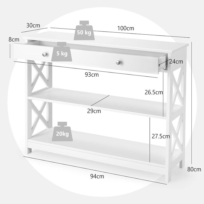 Консольний столик GIANTEX вузький, з ящиком & 2 полицями, 100x30x80 см, білий