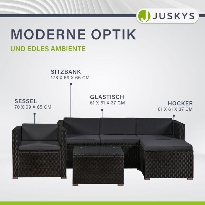 Садовий комплект меблів Juskys Polyrattan Punta Cana для 4-5 осіб: диван, крісло, пуф, стіл, подушки - чорний/сірий