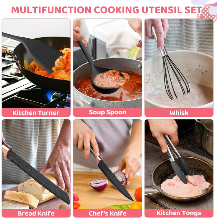 Набір кухонних аксесуарів 37 шт. з силікону, набір кухонних помічників, стійкий до високих температур, безпечний для миття в посудомийній машині, антипригарне покриття (рожево-золотий, чорний)