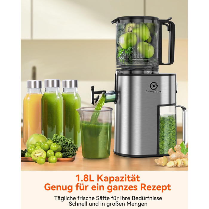 Шовковий відцентровий соковичавник - переможець тесту, для цілих овочів та фруктів, 130 мм завантажувальний отвір, 1.8л, BPA-free, 250W, функція зворотного ходу, легке очищення, нержавіюча сталь, чорний