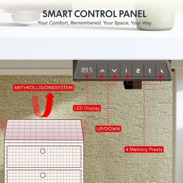 Регульований стіл Sanodesk 110x54 см – компактний стоячий стіл з аксесуарами, для маленьких приміщень, з антиколізійним захистом (білий)