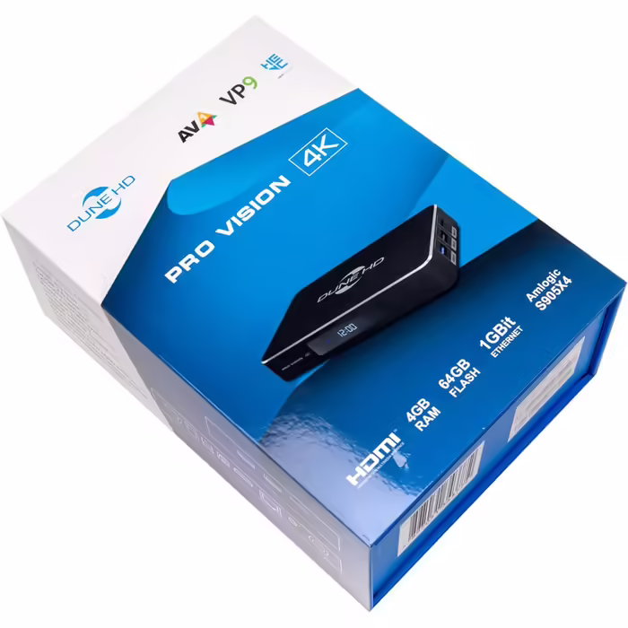 Медіаплеєр Dune HD Pro Vision 4K на Android TV Box, Dolby Vision, Atmos, S905X4-J, HD-аудіо, HDMI 2.1, Bluetooth 5, WiFi, 1Gbit, USB 3.0, 4GB/64GB, оптичний S/PDIF, 4Kp60, AV1, 1080p