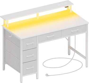 Комп'ютерний стіл Seventable з розетками та LED-підсвічуванням, 100 см, ігровий стіл з 5 шухлядами, стіл для офісу, робочого кабінету, спальні, вітальні, білий
