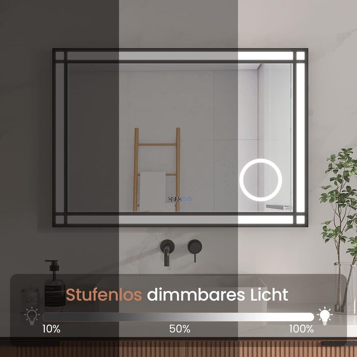LED дзеркало для ванної кімнати AQUABATOS 50x70 см з підсвічуванням, ефект вікна, сенсорне керування, регулювання яскравості, антизапотівальне покриття, чорний алюмінієвий каркас, індустріальний стиль, годинник, дзеркало для макіяжу