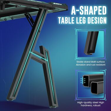 Ігровий стіл Kidsgigglz з LED-підсвічуванням 120x60 см: ергономічний комп'ютерний стіл з тримачем для напоїв та гачком для навушників для дому, офісу, кутовий стіл (140x60 см з рамою)