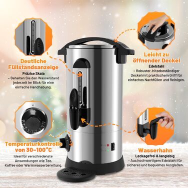 Глювайновий нагрівач з 10 чашками | 1500W нагрівач гарячих напоїв з нержавіючої сталі з термостатом 30–110°C, функцією підігріву та краном | Глювайновий автомат для вечірок (8л, срібний)