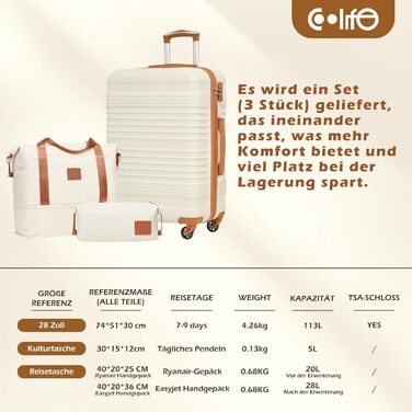 Набір валіз COOLIFE 3 шт: великий дорожній набір 71 см + сумка та косметичка | ABS, 360° колеса, TSA-замок | Ідеально для подорожей, круїзів, навчання за кордоном, сімейного відпочинку | Жовто-чорний колір