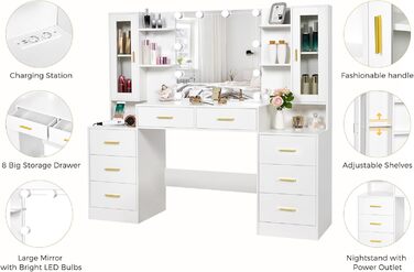 Великий туалетний столик ANWBROAD з LED-підсвіткою (3 кольори), розетками, дзеркалом та 8 висувними ящиками. Сучасний дизайн, колір - білий, розмір 150x135x40 см. Модель BDT67W