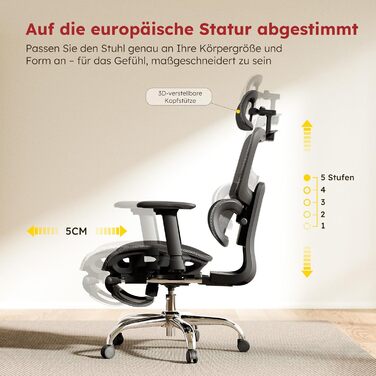 Ергономічне крісло для офісу Voll-Mesh з підголівником, підставкою для ніг, регульованою спинкою, підлокітниками, автоматичною поперековою підтримкою, PU-колесами, поворотним на 360°, до 150 кг, чорне