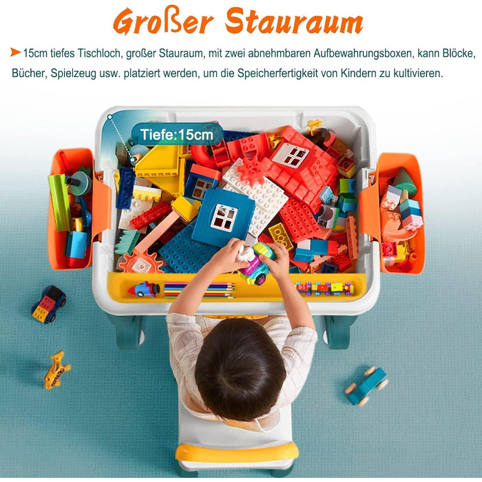 Дитячий стіл 5-в-1 з кріслами: ігровий стіл, навчальний стіл з місцем для зберігання та кубиками. Версія A