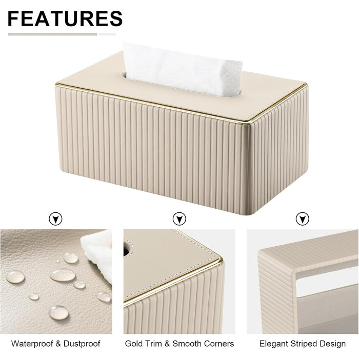 Склянка для серветок KINGFOM з золотим краєм, з PU шкіри, для вітальні, ванної кімнати та офісу (Бежева, прямокутна)