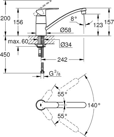 Змішувач для раковини (плоский поворотний вилив, монтаж з одним отвором, міцний), хром, срібло 33977002 високого тиску