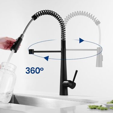 Змішувач CECIPA для кухні високого тиску, кухонний змішувач з висувним душем, змішувач для кухні з 3 типами струменя, змішувач для кухні на 360, змішувач для кухні на 360, змішувач для раковини (чорний матовий)