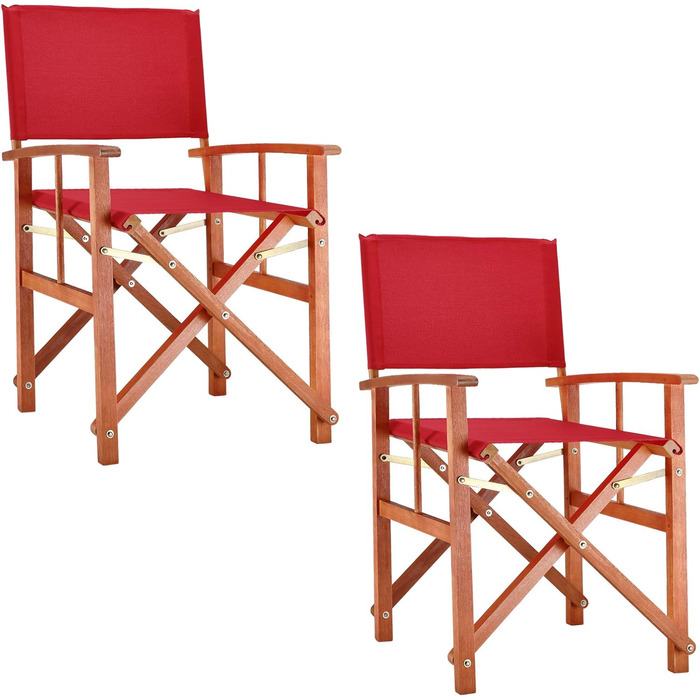 Садове крісло Casaria Дерев'яний складний атмосферостійкий 160 кг Завантажуваний чохол для підлокітника Складаний стілець Cannes FSC Евкаліптовий сад Балкон Тераса Кемпінг (2x, червоний)