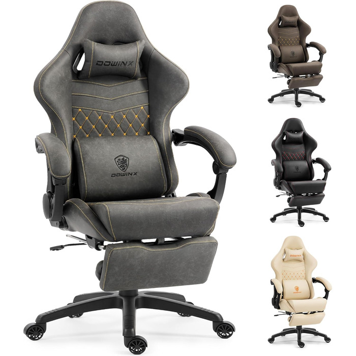 Ігрове крісло Dowinx з підніжкою, масажером попереку та офісним комфортом, до 200 кг, регулювання спинки 165°, сірий