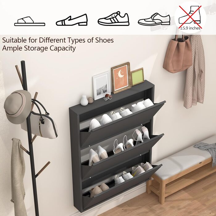 Взуттєва шафа GREATMEET для передпокою, вузька, настінна, металева, з 3 висувними ящиками (чорна)