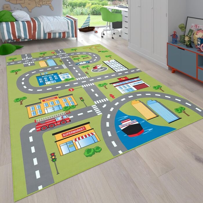 Дитяча кімната Дитячий килим Ігровий килим Вуличний і автомобільний мотив Нековзний зелений сірий, Розмір 80x150 см (240 см x 340 см)