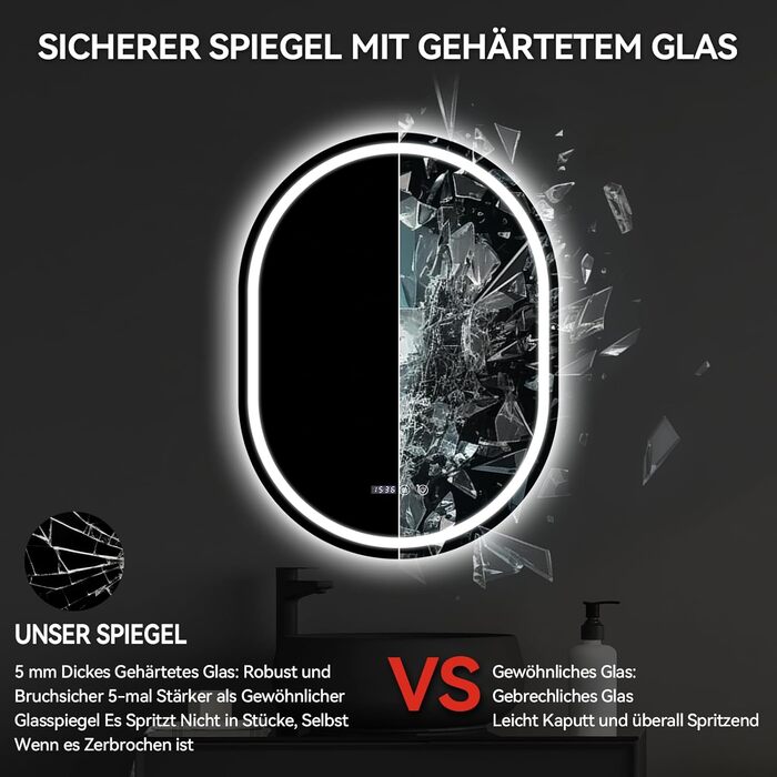 Дзеркало для ванної кімнати YOURLITE з підсвічуванням, кругле, 60 см, LED, 3 кольори, диммування, сенсорне управління, антизапар, пам'ять, IP44, овальне