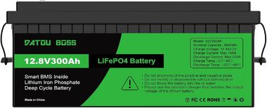 Акумулятор DATOUBOSS 12V 300Ah LiFePO4, 3840 Втгод, 200 А BMS, 4500-15000 циклів, послідовно/паралельно, для автофургонів/сонячних/морських