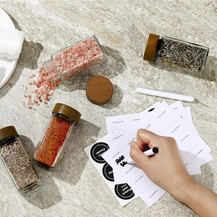 Набір скляних банок для спецій FRIBERG (20 шт.) з дерев'яними кришками, млини для спецій, етикетки