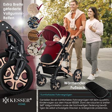 KESSER® Loops - Коляска 3в1 Комбінована з люлькою, прогулянковим блоком та автокріслом. Повний комплект з ванною для новонароджених, сумкою для пеленання, дощовиком та столиком. Чорний колір. Відповідає стандарту ECE R129.