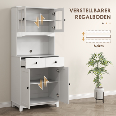 Вільно стояча кухонна шафа з робочою поверхнею для мікрохвильової печі, кавоварки, полиць та скляних дверей, білого кольору