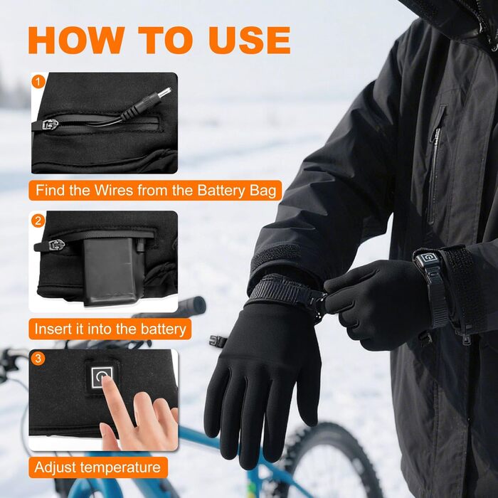 Електричні гріючі рукавички для жінок та чоловіків, USB, 3 режими нагріву, сенсорний екран, водонепроникні, чорні (XL/XXL)