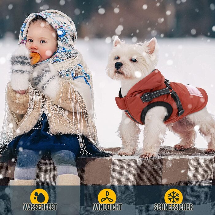 Зимове пальто для собак Nasjac зі знімною упряжкою, водонепроникна флісова тепла куртка для маленьких собак середнього розміру, світловідбиваючий регульований жилет для собак з хутром, жилет для мисливців на відкритому повітрі (XXL (груди 43-47 см), Черво